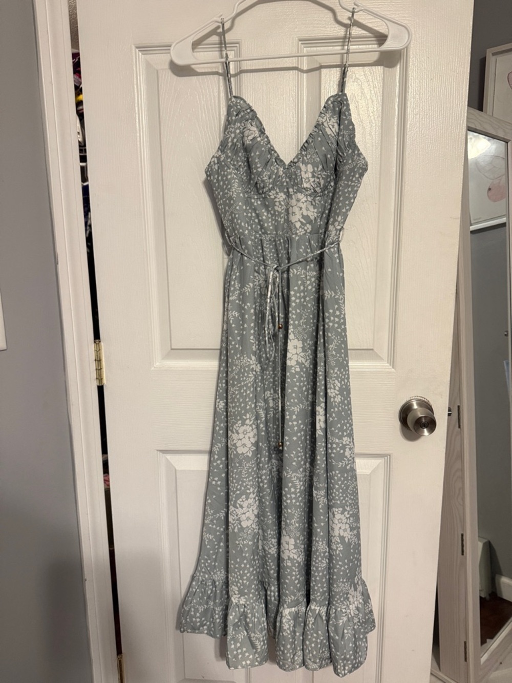 Light Teal Blue Floral Maxi Dress with Ruffle Hem and Tie Waist
